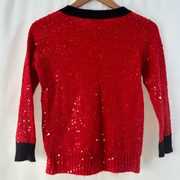 J.Crew Women’s Crew Neck Sweater Red Sequins and Blue Trim 3/4 Sleeves Small - Picture 3 of 8